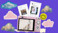a pink camera is surrounded by photos and a cloud