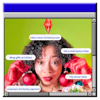 a computer screen showing a woman with christmas ornaments on her head