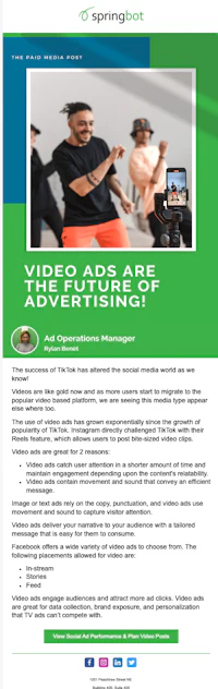 a green and white flyer with the words'video marketing' and a picture of a man and a woman