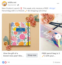 a facebook ad with a flower and a notebook